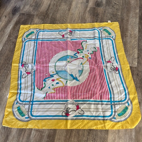 Vintage Country Club Nautical Queen Elizabeth Ship Yellow Pure Silk Scarf - Picture 5 of 6